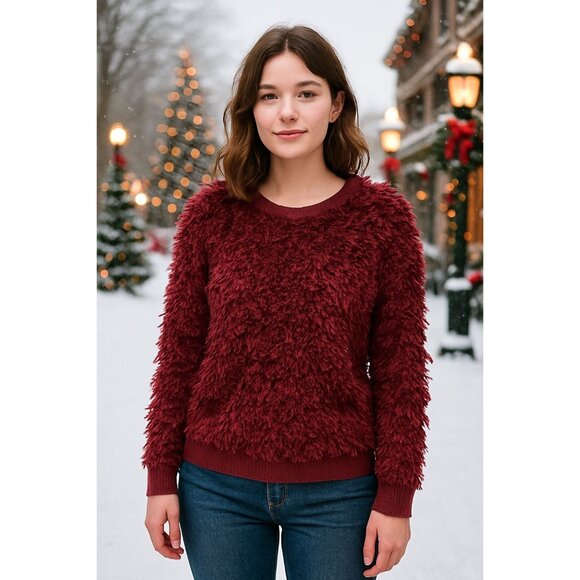 Cato 1946 Textured Fuzzy Sweater Women’s M Burgundy Cozy Y2K Retro Shaggy Chic - Picture 1 of 9